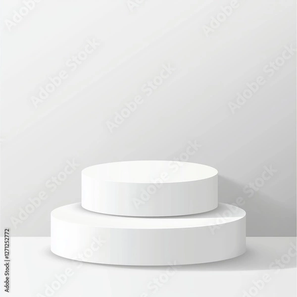 Fototapeta Two-tiered white matte podium with smooth, rounded edges, polished surfaces, subtle shading, and highlights, set against a clean white background for a professional, high-quality design.
