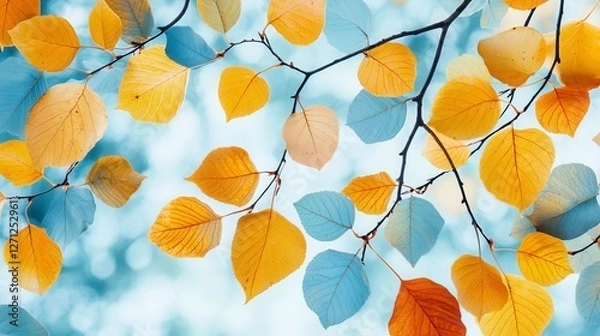 Fototapeta Serene Autumn Leaves: A Dreamy Close-up of Yellow, Gold, and Blue-Gray Foliage Against a Softly Blurred Background