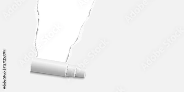 Fototapeta Vector torn window made of sheet of white paper with curl and white background under it. Template paper design.