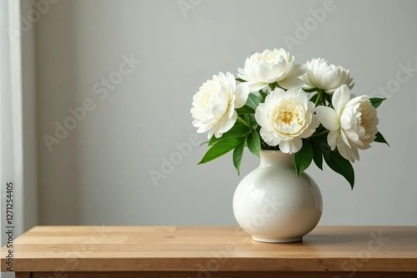 Fototapeta White peony flowers in a vase on a simple wooden table, table, vases, peonies
