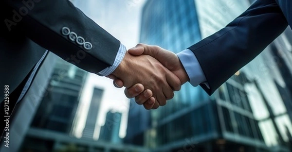 Fototapeta Business professionals shaking hands in front of an office building. Close-up photo shows partnership and agreement between two people.