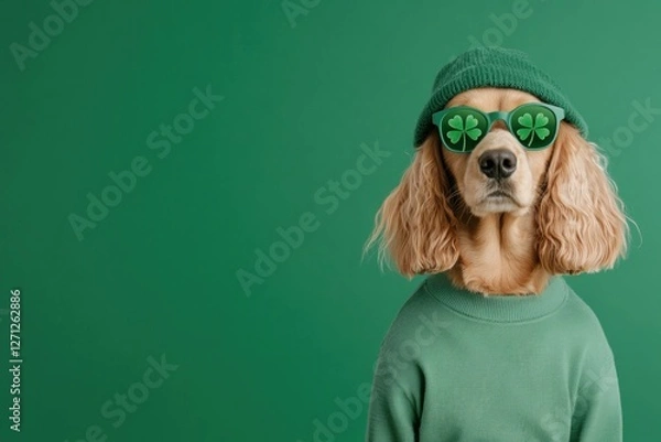 Fototapeta A stylish golden retriever wearing green sunglasses and a green sweater against a solid green background, showcasing a playful and festive vibe