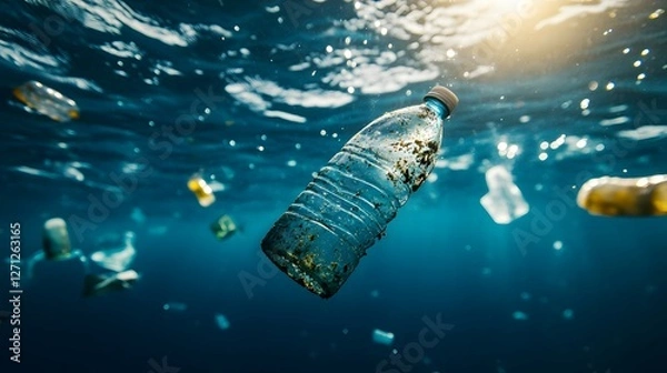 Fototapeta Plastic waste floating in the ocean, including plastic bottles and bags, poses an environmental threat to marine life