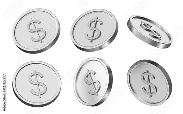 Obraz dollar currency 3d illustration. set of coins in different view. 3d rendering of metallic coins for business and finance