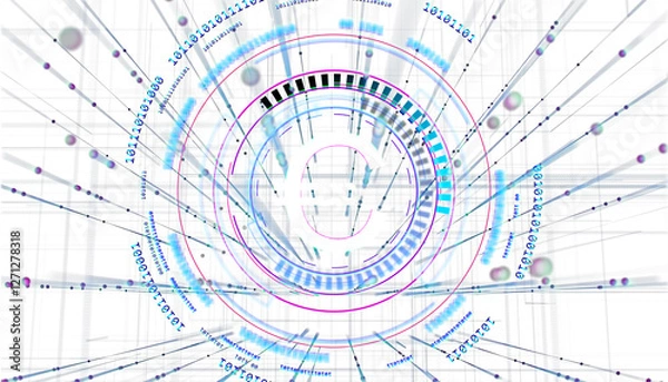 Fototapeta Abstract digital background with futuristic circular interface, binary code, and data visualization on a white backdrop. Concept of technology. 3D Rendering.