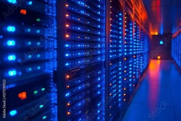 Fototapeta Brightly lit server room with blue and orange lights, showcasing advanced technology and equipment