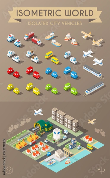 Fototapeta Isometric World. Set of Isolated Minimal City Vehicles.
