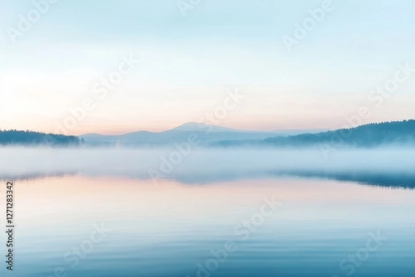 Fototapeta pastel serene landscape with fog rolling over a quiet lake at dawn, evoking a demure and contemplative atmosphere, minimal background with copy space