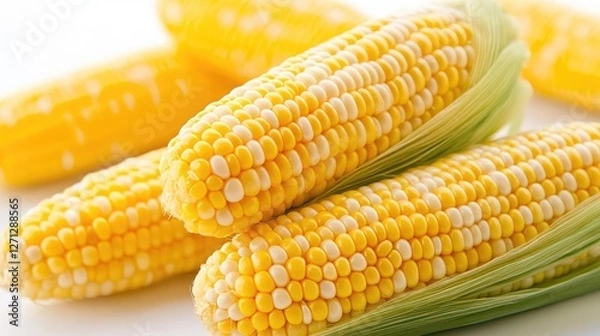 Fototapeta Close-up of raw corn on the cob, peeled and ready to be cooked, displayed against a clean white background.