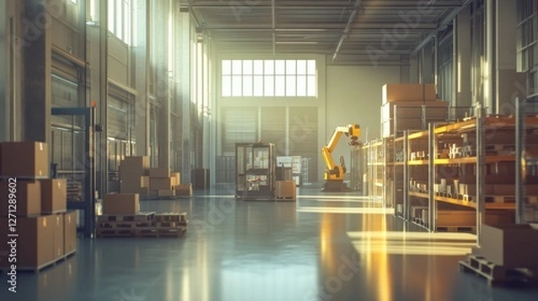 Obraz Modern High-Tech Warehouse Interior with Robotic Arm for Packaging and Sorting