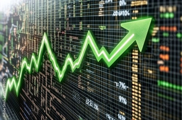 Fototapeta Stock Market Graph with Green Upward Trend and Glowing Arrow on Dark Background