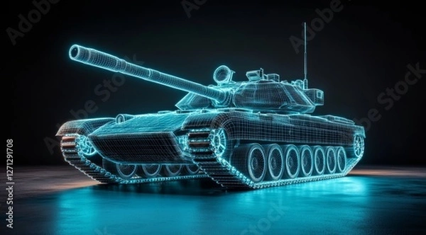 Fototapeta 3D Hologram Projection of Army Tank from High-Tech Device with Blue Neon Lines