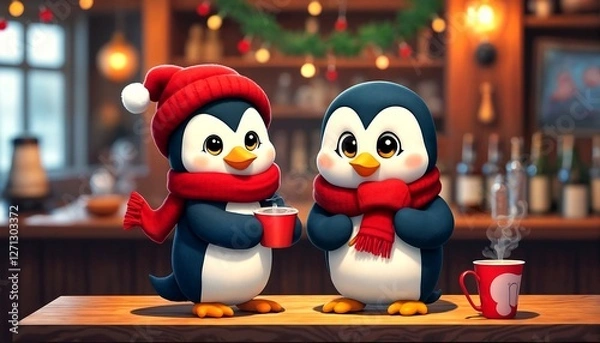 Fototapeta A penguin wearing a red scarf and hat is holding a cup of hot chocolate on a wooden table in front of a bar.