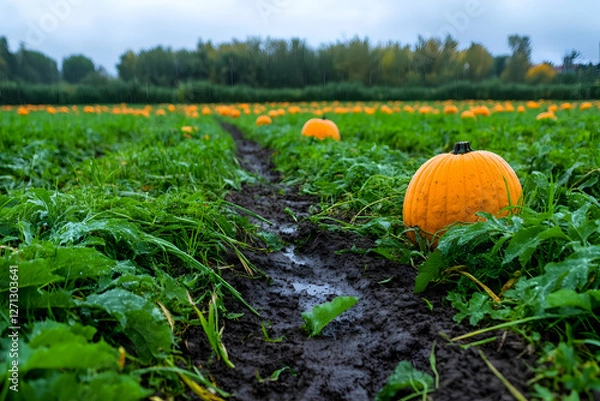Obraz Autumn pumpkin patch, muddy path, overcast sky, harvest