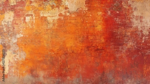 Fototapeta Old worn-out brick wall background with a mix of red and orange hues, displaying signs of age and weathering, perfect for vintage themes.