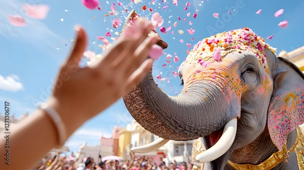 Fototapeta Decorated elephant showered with pink flower petals at vibrant Indian festival. Joyful celebration takes place under blue sky. Ideal for travel photography and cultural storytelling. Selective focus