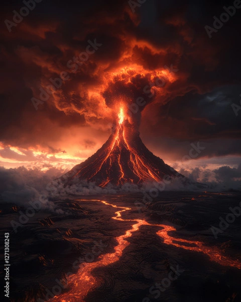 Fototapeta A cinematic perspective with molten lava fountaining skyward, the scorching heat reflected on