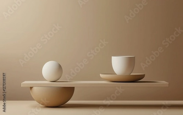 Fototapeta A minimalist arrangement featuring a wooden tray with a spherical object and a white cup, set against a warm, neutral background.