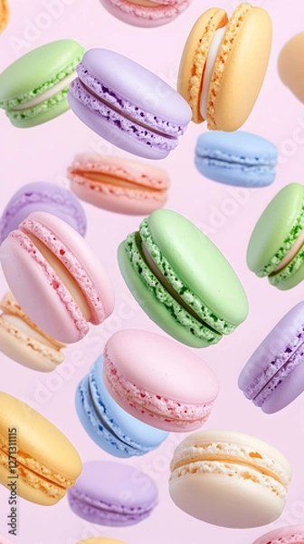 Obraz Colorful macarons falling on pink background, food photography, for recipe blogs