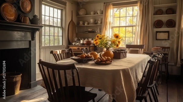 Fototapeta Simple beige linen tablecloth with a rustic texture, draped over a farmhouse table, creating a cozy and inviting setting.