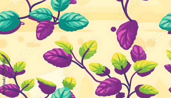 Fototapeta Colorful leaves in a vibrant, stylized pattern on a light background.