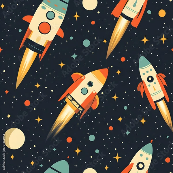 Fototapeta Colorful rockets soaring through a starry space backdrop.