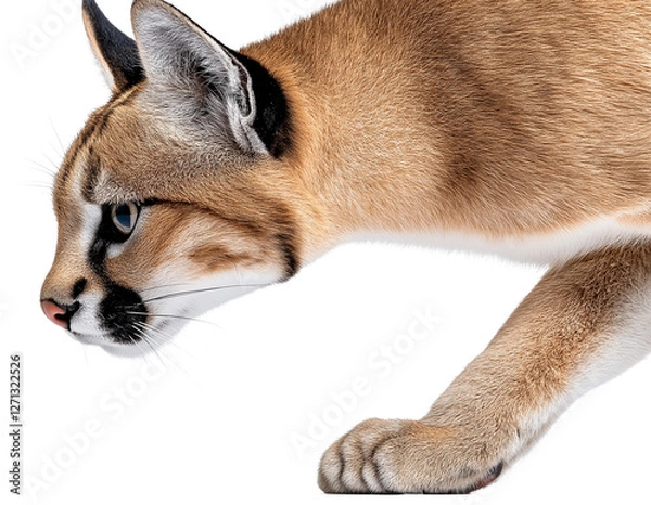 Fototapeta A fierce caracal with sharp fangs and tufted ears leaps through the air, showcasing its agility and predatory power.