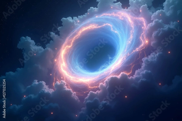 Fototapeta Cosmic Gateway: Mysterious Space Portal Surrounded by Stormy Clouds and Lightning Flashes