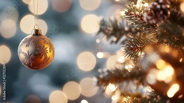 Fototapeta Elegant Christmas ornament hanging on a decorated tree surrounded by warm glowing lights : Generative AI