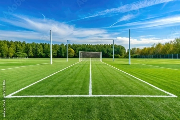 Fototapeta Field of play with white lines and goalposts in the distance, sports equipment, football field