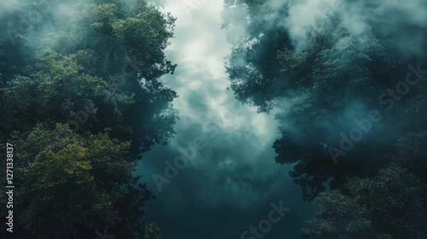 Obraz A winding river passing through a dense dark forest, clouds and sky are reflected on it. Nature is shrouded in fog, a gloomy scene. Birds eye view.