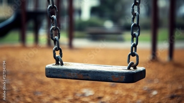 Fototapeta A solitary swing hangs quietly from chains against a muted playground backdrop, a lone sentinel of childhood joy and forgotten play.