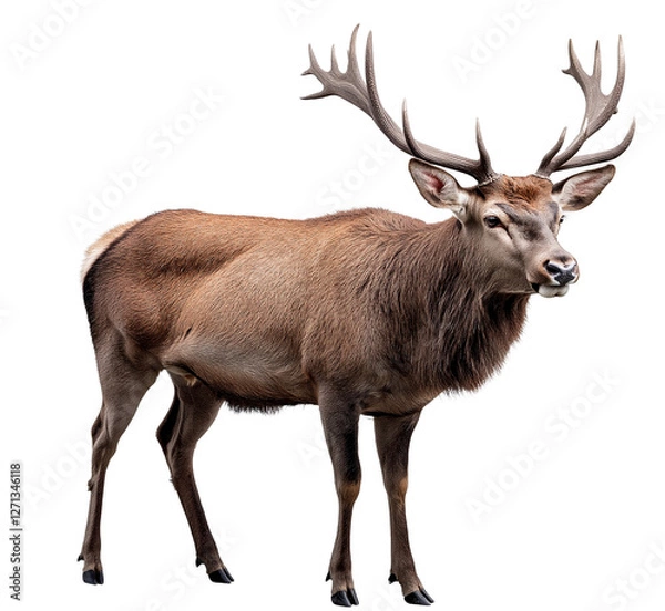 Fototapeta Two majestic deer with impressive antlers are showcased, one standing with a rugged coat and the other captured in a close-up portrait.