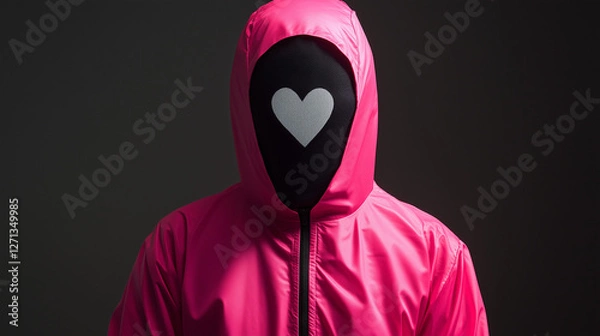 Fototapeta Hooded figure in mask with geometric symbols in a mysterious squid game setting highlighting anonymity and intrigue	
