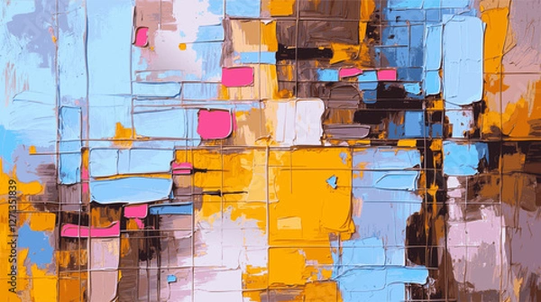 Fototapeta Modern Abstract background Composition with yellows, Bold Blues, and Subtle Pinks, Expressing Energy and Depth Through Layered Brushstrokes and a Harmonious vibrant Aesthetic
