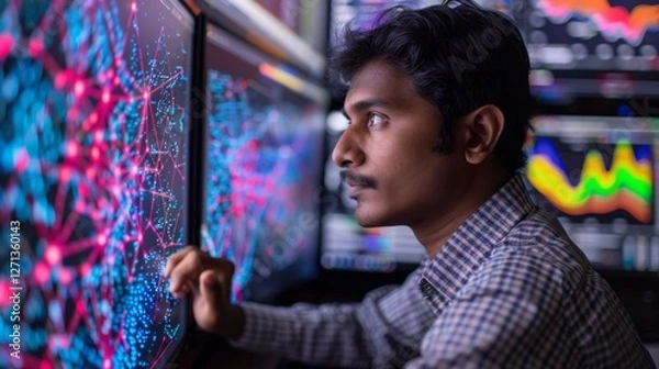 Fototapeta A young man focused on interpreting intricate data visualizations displayed on several monitors while working in a contemporary office during evening hours.