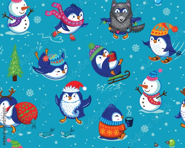 Fototapeta Seamless pattern with funny penguins isolated on blue background
