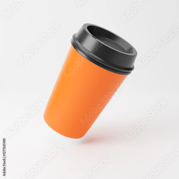 Fototapeta Falling coffee cup isolated over white background. Mockup template. 3d rendering.
