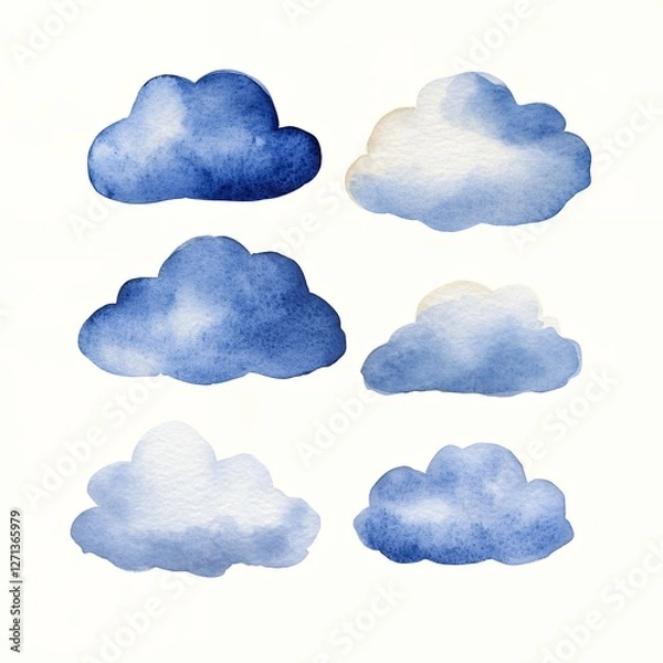 Fototapeta Collection of Watercolor Clouds in Shades of Blue and White in Various Shapes and Sizes