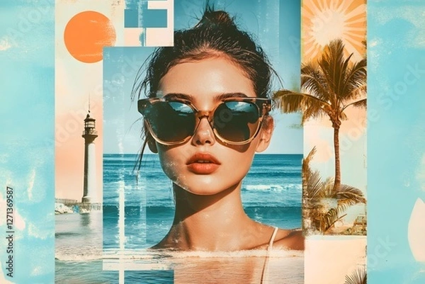 Fototapeta A collage of beach photos, social media icons, and sunglasses on top of the background. The main character is an attractive woman with short hair wearing black shades in front of a retro blue sky