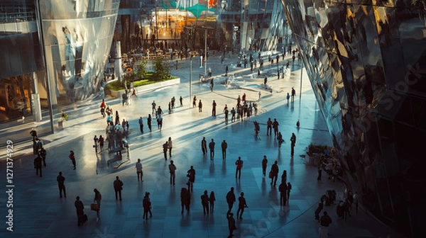 Fototapeta Modern Urban Plaza with People and Reflective Architecture