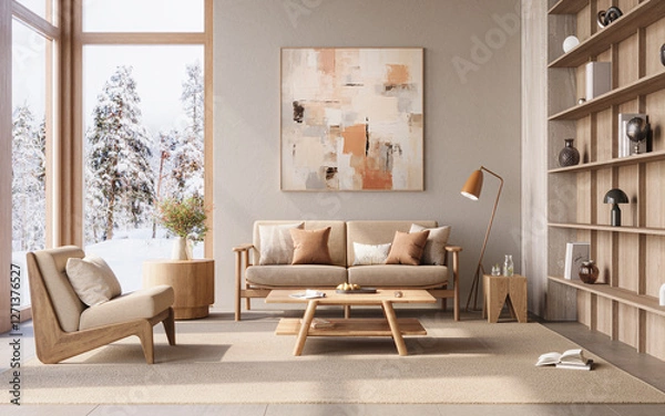 Fototapeta Cozy, minimalist living room with wood, neutral tones and large windows, 3d rendering 
