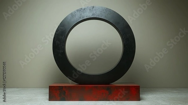 Obraz Abstract Black Circle Sculpture on Red Base Against Wall
