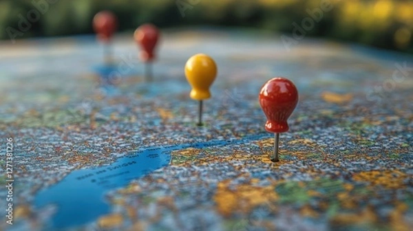 Obraz Colorful Pushpins on a Map Indicating Travel Destinations