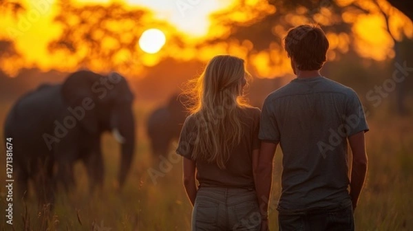 Obraz Couple Enjoying Sunset While Viewing Elephants in Natural Habitat