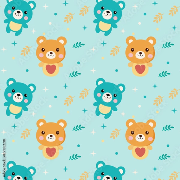 Fototapeta Playful Cartoon Bear Pattern on Light Blue Background with Stars and Dots