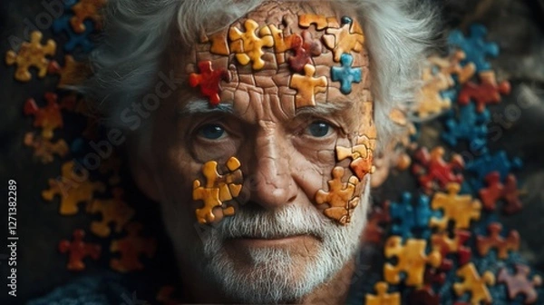 Obraz Elderly man with puzzle pieces on face representing life's complexity