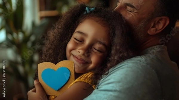 Obraz Loving daughter hugging father, presenting homemade heart shaped card with warm familial emotion