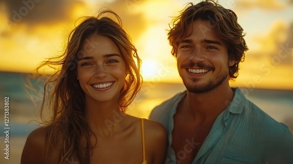 Obraz Joyful couple enjoying sunset on beach with vibrant colors and smiles