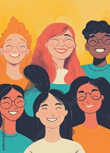 Obraz Whimsical Illustration of Happy Girls in a Nature-Inspired Setting